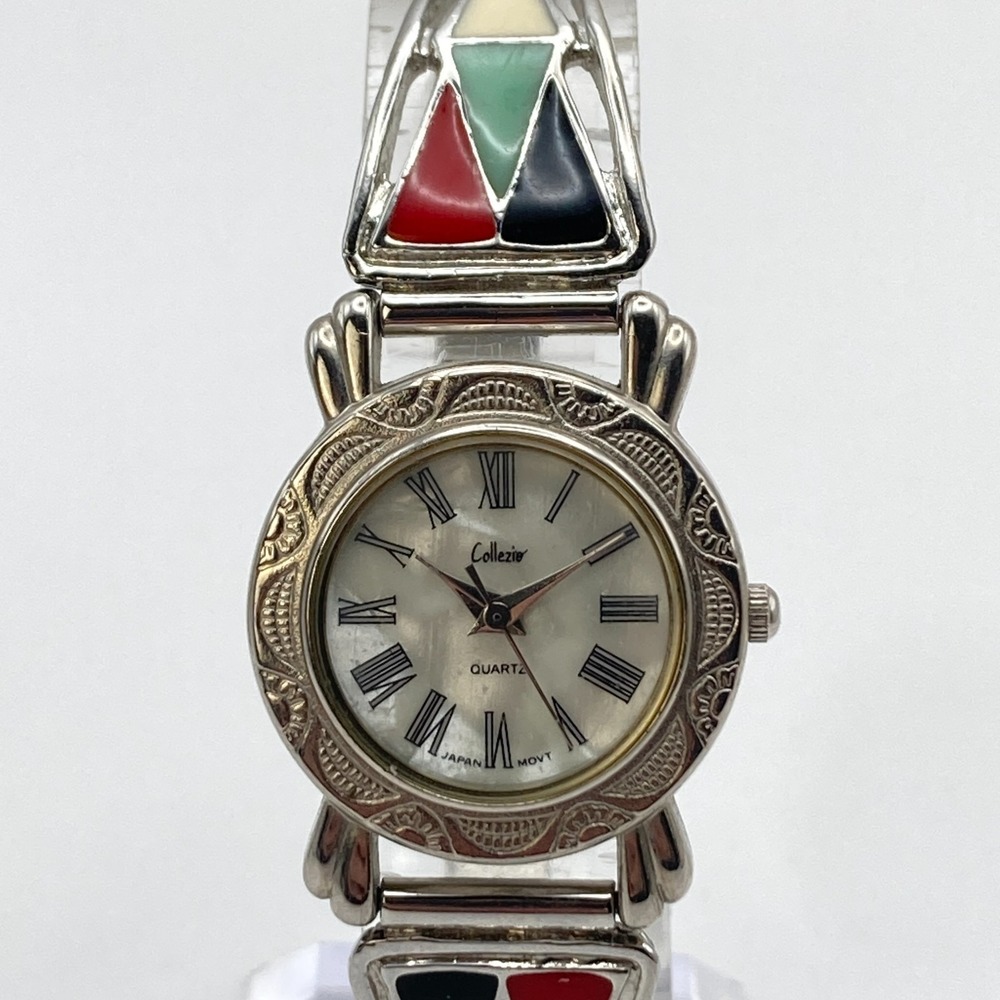 Collezio Womens Watch Silver Tone Enamel MOP Stretch Band New Battery SMALL 6"